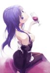  blue_eyes blue_hair breasts cleavage collar dream_c_club elbow_gloves from_above gloves kawa_akira long_hair looking_back pantyhose reika_(dream_c_club) sitting solo wind wine 
