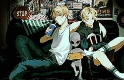  1other 2boys ahoge alien america_(hetalia) axis_powers_hetalia bare_shoulders belt black_belt black_eyes black_hoodie black_shorts blonde_hair blue_eyes blue_pants brothers bucket canada_(hetalia) cd chain-link_fence closed_mouth collarbone colored_skin commentary_request couch cup denim disposable_cup drinking drinking_straw feet_out_of_frame fence food glitch grey_skin hair_between_eyes hand_up handheld_game_console hands_up holding holding_bucket holding_cup holding_handheld_game_console hood hoodie indoors long_sleeves looking_at_food looking_at_object looking_down male_focus multiple_boys no_mouth no_shoes on_couch pants pepsi playing_games playing_video_games popcorn poster_(object) puffy_long_sleeves puffy_sleeves shadow short_hair shorts siblings sign sitting socks solell10 spotlight spread_legs tank_top vhs_artifacts violet_eyes white_socks white_tank_top zipper 