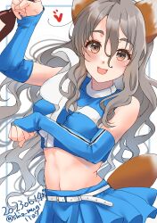  1girl absurdres alternate_costume animal_ears blue_shirt blue_skirt bridal_gauntlets brown_eyes cheerleader clenched_hand commentary_request cowboy_shot dated fox_ears fox_tail grey_hair highres hokkaido_nippon-ham_fighters kantai_collection kitsune_dance looking_at_viewer midriff one-hour_drawing_challenge paw_pose pleated_skirt pola_(kancolle) shiomugi_(shio_mugi1107) shirt skirt sleeveless sleeveless_shirt solo tail thick_eyebrows twitter_username two-tone_shirt wavy_hair 
