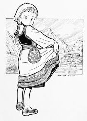  1girl artist_name bag bow braid closed_mouth commentary_request dated from_behind full_body greyscale hair_bow hat hatching_(texture) holding_own_skirt linear_hatching long_hair looking_at_viewer looking_back monochrome mountain norwegian_clothes original outdoors shirt shoes single_braid skirt smile solo standing traditional_media vest village zpihr6jprso2r2l 