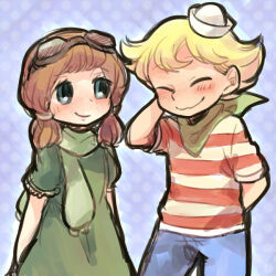  1boy 1girl arms_behind_back blonde_hair blue_background blue_pants brown_hair bush closed_eyes commentary dress embarrassed flapjack_(the_marvelous_misadventures_of_flapjack) green_dress green_eyes green_handkerchief green_scarf hand_on_own_head hat looking_at_another pants polka_dot polka_dot_background red_shirt sally_syrup scarf shirt shy side-by-side sketch smile standing striped_clothes striped_shirt the_marvelous_misadventures_of_flapjack tsunoji white_hat white_shirt 