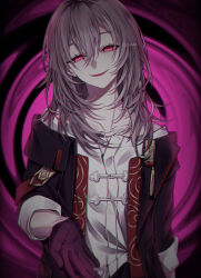  1girl abstract_background absurdres alternate_eye_color black_background black_gloves black_jacket chinese_clothes commentary_request dark_persona evil_smile gloves grey_hair hair_between_eyes highres honkai:_star_rail honkai_(series) jacket long_hair looking_at_viewer offering_hand official_alternate_costume pink_background pink_eyes shirt siu-4u smile solo stelle_(honkai:_star_rail) stelle_(vim_and_vigor)_(honkai:_star_rail) trailblazer_(honkai:_star_rail) twitter_username upper_body white_shirt 