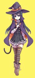  1girl animal_ears asashio_(halloween)_(kancolle) asashio_(kancolle) asashio_kai_ni_(kancolle) black_cape black_hair blue_eyes bow bowtie cape cat_ears cat_girl cat_tail dress full_body gloves halloween halloween_costume hat highres kantai_collection looking_at_viewer multicolored_cape orange_bow orange_bowtie orange_cape orange_cloak orange_thighhighs pinafore_dress searchlight simple_background sleeveless sleeveless_dress striped_clothes striped_thighhighs tail thigh-highs thighs unagiman white_gloves witch witch_hat yellow_background 