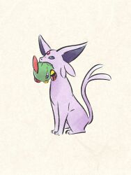  animal_focus bird black_eyes bright_pupils carrying espeon feathers forehead_jewel forked_tail full_body gem green_feathers highres metikyun natu no_humans pokemon pokemon_(creature) pokemon_focus purple_fur red_feathers red_gem simple_background sitting tail violet_eyes white_pupils yellow_background 