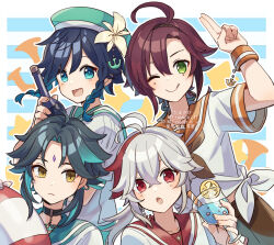  4boys :d ;) ahoge beret black_hairband blue_background blue_eyes blue_hair border braid brown_neckerchief closed_mouth commentary_request corn_kuten crossed_bangs double-parted_bangs facial_mark flower forehead_mark genshin_impact gradient_hair green_eyes green_hat green_streaks grey_hair hair_between_eyes hair_flower hair_ornament hairband hat kaedehara_kazuha lifebuoy long_hair looking_at_viewer male_focus multicolored_hair multiple_boys neckerchief one_eye_closed open_mouth orange_sailor_collar outline outside_border parted_bangs red_eyes red_hair red_streaks sailor_collar sailor_shirt shikanoin_heizou shirt short_hair short_sleeves smile streaked_hair swim_ring twin_braids upper_body venti_(genshin_impact) white_border white_outline white_shirt xiao_(genshin_impact) yellow_eyes yellow_flower 