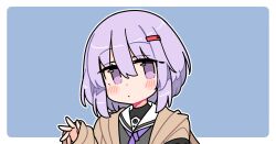  1girl a.i._voice blush border brown_cardigan cardigan closed_mouth dot_nose grey_shirt hair_between_eyes hand_up ini_(inunabe00) long_sleeves looking_at_viewer necktie open_cardigan open_clothes outline outside_border portrait purple_hair purple_necktie sailor_collar school_uniform serafuku shirt short_hair simple_background sleeves_past_wrists solo violet_eyes vocaloid voiceroid white_border white_outline white_sailor_collar yuzuki_yukari yuzuki_yukari_(shizuku) 