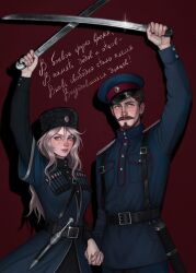  1boy 1girl absurdres beard belt black_shirt blue_jacket brown_hair chokha cossack dagger facial_hair freckles grey_eyes grey_hair hand_up hat highres holding_hands imperial_russian_army jacket knife leather_belt long_hair long_sleeves looking_at_viewer military military_hat military_uniform original peaked_cap piccoladuce russian_civil_war russian_commentary russian_text shashka sheath sheathed shirt short_hair shoulder_boards smile translation_request ushanka weapon world_war_i 