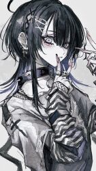  1girl bags_under_eyes black_hair choker cross cross_earrings cross_hair_ornament earrings fingernails hair_ornament hairpin highres jagged_sclera jewelry long_fingernails original paperclip_hair_ornament parted_lips pink_nails ring satoinu111 shirt skull_ring solo spiked_choker spikes symbol-shaped_pupils white_shirt x-shaped_pupils 