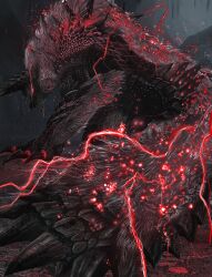  absurdres black_scales cave chin_spike claws commentary_request electricity glowing glowing_eyes grey_fur grey_scales highres horns monster monster_focus monster_hunter_(series) monster_hunter_3_g no_humans nutuki red_eyes scales stalactite stygian_zinogre wolf zinogre 