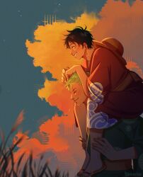  2boys absurdres black_hair blue_sky blurry blurry_foreground carrying closed_eyes clouds cloudy_sky english_commentary from_side green_hair grin hat hat_on_back highres japanese_clothes kimono male_focus monkey_d._luffy multiple_boys official_alternate_costume one_piece profile red_kimono roronoa_zoro sandals saterise scar scar_across_eye scar_on_face short_hair shoulder_carry sky smile straw_hat wide_sleeves 