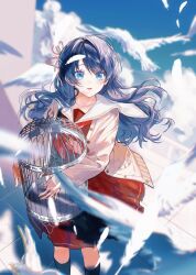  1girl bird birdcage black_socks blue_eyes blue_hair blue_sky brown_cardigan cage cardigan collarbone commentary_request dress falling_feathers feathers feet_out_of_frame hailuo1218 hasu_no_sora_school_uniform highres holding holding_cage link!_like!_love_live! long_hair long_sleeves looking_at_animal love_live! medium_dress murano_sayaka neckerchief open_cardigan open_clothes open_mouth outdoors pleated_dress red_dress red_neckerchief sailor_collar sailor_dress school_uniform sky smile socks solo virtual_youtuber white_bird white_feathers white_sailor_collar winter_uniform 