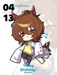  1girl agnes_tachyon_(tach-nology)_(umamusume) agnes_tachyon_(umamusume) ahoge animal_ears black_necktie black_pantyhose blush brown_hair character_name chemical_structure chibi closed_mouth coat cork earrings hair_between_eyes happy_birthday highres horse_ears horse_girl horse_tail jewelry kanntsukirin lab_coat long_sleeves medium_hair musical_note necktie pantyhose red_eyes shirt shoes short_necktie single_earring sleeves_past_fingers sleeves_past_wrists smile sweater sweater_vest tail test_tube umamusume white_coat white_shoes wolf_cut yellow_sweater yellow_sweater_vest zoom_layer 
