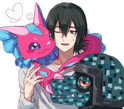  1boy animal_on_shoulder black_hair commandramon digimon digimon_(creature) digimon_beatbreak dragon elizamon group_picture heart helmet lizard one_eye_closed risyo shirt simple_background sone_haruomi upper_body white_background white_shirt 