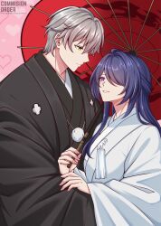  1boy 1girl acheron_(honkai:_star_rail) black_robe caelus_(honkai:_star_rail) centauri-d closed_mouth commission couple english_commentary grey_hair hair_between_eyes hair_over_one_eye happy hetero highres holding holding_umbrella honkai:_star_rail honkai_(series) japanese_clothes kimono leaning_on_person long_sleeves looking_at_another looking_down looking_to_the_side looking_up oil-paper_umbrella parted_lips pink_background purple_hair robe smile trailblazer_(honkai:_star_rail) uchikake umbrella upper_body violet_eyes wedding white_robe wide_sleeves yellow_eyes 