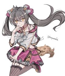  1girl black_hair bow crop_top garter_straps hair_bow hayamachi idolmaster idolmaster_cinderella_girls jewelry long_hair looking_at_viewer matoba_risa necklace skirt smile solo standing standing_on_one_leg tail thigh-highs twintails yellow_eyes zettai_ryouiki 