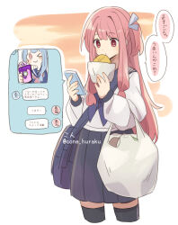  >_o 2girls ;) artist_name bag black_sailor_collar black_skirt black_thighhighs blue_hair blue_neckerchief bread character_name commentary_request corn_kuten cropped_legs eating food grocery_bag highres holding holding_food holding_ice_cream ice_cream kotonoha_akane kotonoha_aoi long_sleeves melon_bread multiple_girls neckerchief one_eye_closed pleated_skirt sailor_collar school_bag school_uniform serafuku shirt shopping_bag siblings sisters skirt smile speech_bubble text_messaging thigh-highs translation_request twitter_username voiceroid white_shirt zettai_ryouiki 