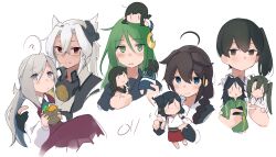  5girls absurdres ahoge black_gloves blue_eyes braid brown_eyes brown_hair character_doll collared_shirt commentary_request crescent crescent_hair_ornament dark-skinned_female dark_skin doll dress food fubuki_(kancolle) glasses gloves green_eyes grey_eyes grey_hair hair_flaps hair_ornament highres holding holding_doll holding_food kaga_(kancolle) kantai_collection katsuragi_(kancolle) kiyoshimo_(kancolle) long_hair ma_rukan multiple_girls musashi_(kancolle) nagatsuki_(kancolle) pointy_hair purple_dress rectangular_eyewear red_eyes shigure_(kancolle) shigure_kai_ni_(kancolle) shirt side_ponytail signature simple_background single_braid white_background white_shirt yamashiro_(kancolle) zuikaku_(kancolle) 