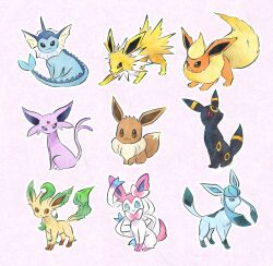 :3 animal_focus black_eyes black_fur blue_eyes blue_fur bow bright_pupils brown_eyes brown_fur commentary_request eevee espeon facial_mark fins fish_tail flareon forehead_jewel forehead_mark full_body glaceon green_fur head_fins highres jolteon leaf leafeon looking_at_viewer metikyun neck_fur no_humans orange_fur pink_background pink_fur pokemon pokemon_(creature) pokemon_focus purple_fur red_eyes ribbon sidelocks simple_background sitting spiked_tail standing sylveon tail two-tone_fur umbreon vaporeon violet_eyes white_fur white_pupils yellow_fur 