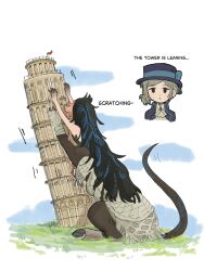  2girls :o arms_up ascot bare_shoulders black_coat black_dress black_hands black_hat black_veil blue_bow blue_eyes blue_veil boater_hat bow centauroid chimera clouds coat colored_extremities commentary cropped_torso dress english_commentary english_text full_body grey_eyes grey_hair hair_bun hat hat_bow highres leaning_tower_of_pisa long_hair mogufuuri multiple_girls nautika_(reverse:1999) pink_hair reverse:1999 scratching shirt short_hair single_side_bun strapless strapless_dress taur two-tone_veil veil vertin_(reverse:1999) white_ascot white_background white_shirt 