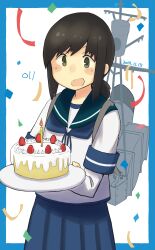  1girl absurdres arm_warmers artist_logo birthday_cake black_eyes black_hair blue_border blue_sailor_collar blue_skirt border cake commentary_request confetti cowboy_shot food fubuki_(kancolle) highres kantai_collection logo looking_at_viewer low_ponytail ma_rukan mast pleated_skirt ponytail rigging sailor_collar school_uniform serafuku short_ponytail sidelocks skirt smile solo two-tone_background white_background 