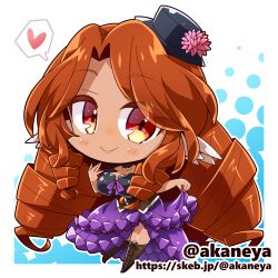  1girl akaneya black_hat blue_background blush_stickers boots border brown_boots brown_hair character_request chibi chibi_only closed_mouth commentary_request commission copyright_request dark-skinned_female dark_skin dress drill_hair flower full_body hand_up hat hat_flower heart holding_own_dress lace-up_boots long_hair looking_at_viewer lowres outline outside_border parted_bangs pink_flower purple_dress skeb_commission smile solo spoken_heart standing strapless strapless_dress twitter_username two-tone_background very_long_hair web_address white_background white_border white_outline 