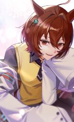  1girl agnes_tachyon_(tach-nology)_(umamusume) agnes_tachyon_(umamusume) ahoge animal_ears black_pantyhose breasts brown_hair chemical_structure coat commentary cork earrings hair_between_eyes highres horse_ears horse_girl horse_tail jewelry lab_coat long_sleeves medium_breasts medium_hair necktie open_mouth pantyhose red_eyes shirt short_necktie single_earring sleeves_past_fingers sleeves_past_wrists smile solo sweater sweater_vest tail teeth test_tube toryo_(yukhop_961) umamusume upper_teeth_only wolf_cut yellow_sweater yellow_sweater_vest 