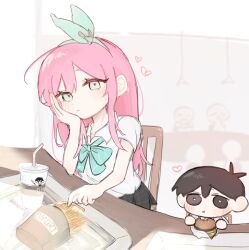  1boy 1girl 2others :t alternate_costume antenna_hair aqua_bow aqua_bowtie aqua_eyes aqua_hairband aubrey_(faraway)_(omori) aubrey_(omori) black_eyes black_hair blush bow bow_hairband bowtie bright_pupils chair chibi closed_mouth collared_shirt commentary copyright_name drinking_straw eating fast_food food french_fries hairband head_rest heart highres long_hair looking_at_another mini_person miniboy multiple_others omori on_chair pink_hair potita_15 school_uniform shirt short_hair short_sleeves sitting sunny_(omori) table white_background white_shirt 