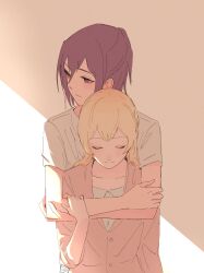  2girls bang_dream! blonde_hair closed_eyes commentary_request highres hug jacket long_hair multiple_girls pine_(pinepipp) purple_hair red_eyes seta_kaoru shirasagi_chisato shirt simple_background size_difference smile white_shirt yuri 