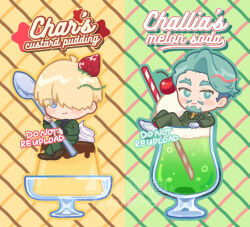  2boys beard blonde_hair blue_eyes brown_shoes challia_bull char_aznable character_name closed_mouth commentary_request crossed_legs cup drinking_straw english_text examorhca eyes_visible_through_hair facial_hair food food_on_head fruit full_body gloves green_eyes green_jacket green_pants gundam gundam_gquuuuuux hair_over_eyes holding holding_spoon ice_cream in_container in_cup jacket lapels looking_at_viewer male_focus melon_soda multiple_boys mustache necktie notched_lapels object_on_head pants pudding red_socks shirouzu_(gundam) shoes short_hair sitting smile socks spoon strawberry thick_eyebrows white_gloves white_shoes yellow_necktie 