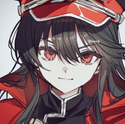  1girl black_hair fate/grand_order fate_(series) gakuran hair_between_eyes hat light_smile long_hair oda_nobunaga_(fate) okchun peaked_cap school_uniform simple_background solo white_background 