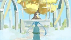  1girl aknm733 commentary_request dress elf frieren from_behind highres pointy_ears solo sousou_no_frieren tree twintails upper_body white_dress white_hair 