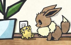  animal_focus black_eyes blue_eyes brown_fur bug closed_mouth eevee electrical_outlet fluffy full_body highres indoors joltik looking_at_another metikyun neck_fur no_humans plant pokemon pokemon_(creature) pokemon_focus potted_plant simple_background sitting yellow_fur 