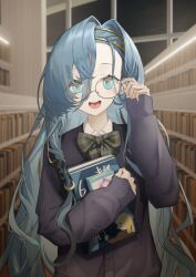  1girl 37_(reverse:1999) :d absurdres adjusting_eyewear alternate_costume black_cardigan black_sky blue_eyes blue_hair book bookshelf bow bowtie cardigan collared_shirt glasses green_bow green_bowtie hair_between_eyes hand_up highres holding holding_book hugging_book hugging_object indoors ithiku library long_hair looking_at_viewer open_mouth reverse:1999 round_eyewear shirt sky smile solo teeth tongue upper_body very_long_hair white_shirt window yellow-framed_eyewear 
