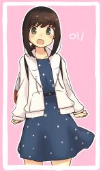  1girl :d absurdres alternate_costume backpack bag black_hair blue_dress blush collarbone commentary_request dress fubuki_(kancolle) fubuki_(spring)_(kancolle) green_eyes highres jacket kantai_collection long_sleeves ma_rukan official_alternate_costume open_mouth polka_dot polka_dot_dress ponytail short_hair short_ponytail signature smile solo white_jacket 