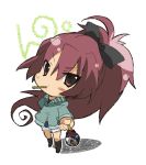  boots bow candy charlotte_(madoka_magica) chibi denim denim_shorts eating hair_bow knee_boots lollipop long_hair mahou_shoujo_madoka_magica ponytail red_eyes red_hair redhead rikuta sakura_kyouko shorts solo 