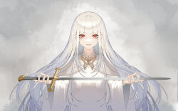  1girl absurdres blunt_bangs capelet chinese_commentary closed_mouth commentary_request dress fata_morgana_no_yakata grey_background hand_on_blade hands_up highres holding holding_sword holding_weapon iamc95 light_smile long_hair long_sleeves looking_at_viewer red_eyes smile solo straight-on sword the_white-haired_girl_(fata_morgana_no_yakata) upper_body very_long_hair weapon white_capelet white_dress white_hair wide_sleeves 