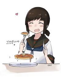  1girl ^_^ anchor_symbol black_hair black_sailor_collar blush closed_eyes commentary_request food fork fubuki_(kancolle) fubuki_kai_ni_(kancolle) heart highres holding holding_fork holding_knife kantai_collection knife ma_rukan motion_lines open_mouth pancake ponytail sailor_collar school_uniform serafuku short_hair short_ponytail short_sleeves signature smile solo too_literal 