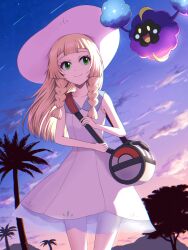  1girl bag blonde_hair braid closed_mouth clouds collarbone collared_dress commentary_request cosmog dress duffel_bag eyelashes green_eyes hat highres holding_strap lillie_(pokemon) long_hair mamiya_myanmar outdoors poke_ball_print pokemon pokemon_sun_and_moon shoulder_bag sky sleeveless sleeveless_dress smile sun_hat tree twilight twin_braids white_dress white_hat 