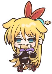  1girl :3 animal_ears aqua_eyes black_gloves black_shoes black_skirt black_vest blonde_hair blush buttons chibi chibi_only closed_mouth commentary cross-laced_shoes dog_ears dog_girl dog_tail double-breasted extra_ears fang fingerless_gloves fishnet_thighhighs fishnets floppy_ears food food_in_mouth fruit full_body gloves hair_between_eyes hair_ribbon heaven_burns_red highres kanzaki_adelheid kemonomimi_mode long_hair looking_at_viewer miniskirt ninja outstretched_hand pear ponytail red_ribbon ribbon shirt shoes sidelocks simple_background siromochino skirt smile smug sneakers solo standing tail thigh-highs v-shaped_eyebrows very_long_hair vest white_background white_shirt zettai_ryouiki 