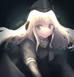  1girl blonde_hair blue_eyes character_name closed_mouth commentary_request cropped_jacket elbow_gloves garrison_cap gloves gradient_background grey_gloves grey_hat grey_jacket hair_between_eyes hat headphones highres jacket kantai_collection long_hair looking_at_viewer ma_rukan solo u-511_(kancolle) upper_body 