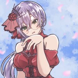  1girl \||/ bare_shoulders blush breasts commentary_request day dress falling_petals fang flower glasses green_eyes hair_between_eyes hair_flower hair_ornament hair_ribbon hand_up head_tilt heaven_burns_red izumi_yuki izumi_yuki_(dancing_reincarnation) large_breasts long_hair looking_at_viewer low_ponytail off-shoulder_dress off_shoulder official_alternate_costume official_alternate_hairstyle open_mouth outdoors petals ponytail red_dress red_flower red_ribbon red_rose ribbon rose round_eyewear short_sleeves siromochino solo upper_body very_long_hair 