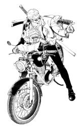  2boys absurdres anger_vein antlers commentary_request cross full_body gloves greyscale hat highres holding hood horns jacket korean_commentary male_focus monochrome motor_vehicle motorcycle multiple_boys on_motorcycle one_piece pointing qkdrkqkdrks2 reindeer_antlers roronoa_zoro sharp_teeth short_hair sideburns sunglasses sword sword_on_back teeth tony_tony_chopper weapon weapon_on_back 