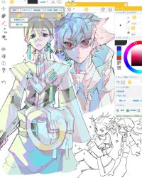  1girl 3boys :< art_program_in_frame black_eyes blonde_hair choker closed_mouth commentary_request crossed_bangs earrings enjin_(gachiakuta) fukukoma gachiakuta highres hood hood_down hooded_vest hoodie jacket jewelry multiple_boys parted_lips pouch red_choker red_eyes riyo_reaper rudo_surebrec sparkle tassel tassel_earrings vest white_hair white_jacket white_vest zanka_nijiku 