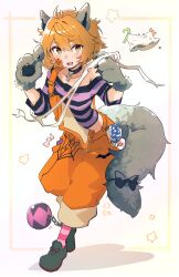  1girl absurdres ahoge animal_collar animal_costume animal_ears animal_hands black_bow black_collar black_shirt blush bow collar collarbone commentary_request cropped_shirt double-parted_bangs fake_animal_ears fake_tail fangs full_body gloves grey_shoes hair_between_eyes hair_flaps halloween halloween_costume highres kantai_collection looking_at_viewer lower_teeth_only ma_rukan messy_hair oboro_(halloween)_(kancolle) oboro_(kancolle) off-shoulder_shirt off_shoulder official_alternate_costume open_mouth orange_eyes orange_hair orange_overalls overalls paw_gloves paw_pose pink_socks pumpkin_ornament purple_shirt shirt shoes short_hair simple_background skin_fangs socks solo striped_clothes striped_shirt striped_socks tail tail_bow tail_ornament teeth three-quarter_sleeves translation_request walking white_background wolf_costume wolf_ears wolf_tail 