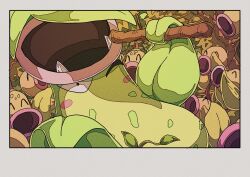  bellsprout blush_stickers closed_eyes evolutionary_line fangs highres holding holding_stick leaf no_humans onamuzi_illust one_eye_closed open_mouth plant pokemon pokemon_(creature) pokemon_focus stick victreebel 