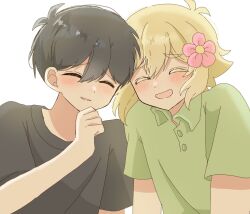  2boys antenna_hair basil_(faraway)_(omori) basil_(omori) black_hair black_shirt blonde_hair blush closed_eyes collared_shirt double-parted_bangs flower green_shirt hair_behind_ear hair_between_eyes hair_flower hair_ornament happy laughing multiple_boys omori open_mouth pink_flower polo_shirt shirt short_hair short_sleeves smile sunny_(omori) white_background yuuabara 