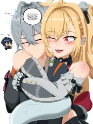  1boy 1girl 2girls absurdres bare_shoulders belle_(zenless_zone_zero) black_shirt blonde_hair blue_hair blush camera cissia_(zenless_zone_zero) detached_sleeves earrings english_text grey_hair hair_between_eyes hair_ornament hetero highres hug jacket jewelry long_hair muhammadreed multiple_girls open_mouth red_eyes shirt short_hair simple_background smile snake snake_girl snake_tail speech_bubble tail white_background white_snake wise_(zenless_zone_zero) zenless_zone_zero 