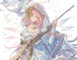  1girl ambience_synesthesia arknights bird bridal_gauntlets chinese_commentary closed_mouth commentary_request cowboy_shot detached_wings disembodied_hand dove dress facial_mark gold_collar gun halo highres holding holding_weapon lemuen_(arknights) lemuen_(requiem_vesperis)_(arknights) long_hair looking_at_viewer mangzhi_yaoyao official_alternate_costume pink_eyes pink_hair rifle see-through_clothes see-through_veil smile solo sparkle star_pendant traditional_halo veil weapon white_background white_dress white_halo white_veil wings 