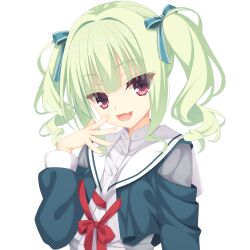  1girl :d absurdres alternate_hairstyle aqua_bow aqua_ribbon black_ribbon blunt_bangs bow collared_shirt commentary eyes_visible_through_hair green_hair green_jacket gyaru hair_between_eyes hair_bow hair_ribbon hand_up highres jacket kaon_zz long_hair long_sleeves looking_at_viewer making-of_available murasame_(senren) official_alternate_costume open_clothes open_jacket open_mouth outstretched_hand paid_reward_available red_bow red_eyes ribbon sailor_collar school_uniform senren_banka serafuku shirt sidelocks simple_background smile solo twintails upper_body wavy_hair white_background white_sailor_collar white_shirt 