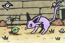  animal_focus beak bird black_eyes bright_pupils espeon feathers forehead_jewel forked_tail full_body gem green_feathers highres looking_at_another metikyun natu no_humans outdoors pokemon pokemon_(creature) pokemon_focus purple_fur red_feathers red_gem ruins simple_background standing tail unown unown_a unown_n unown_t unown_u violet_eyes white_pupils 